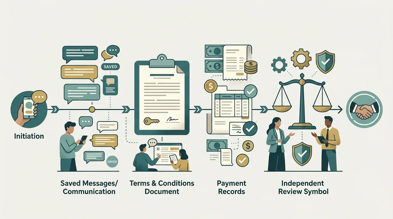Complaint timeline with documents, messages and an independent review symbol