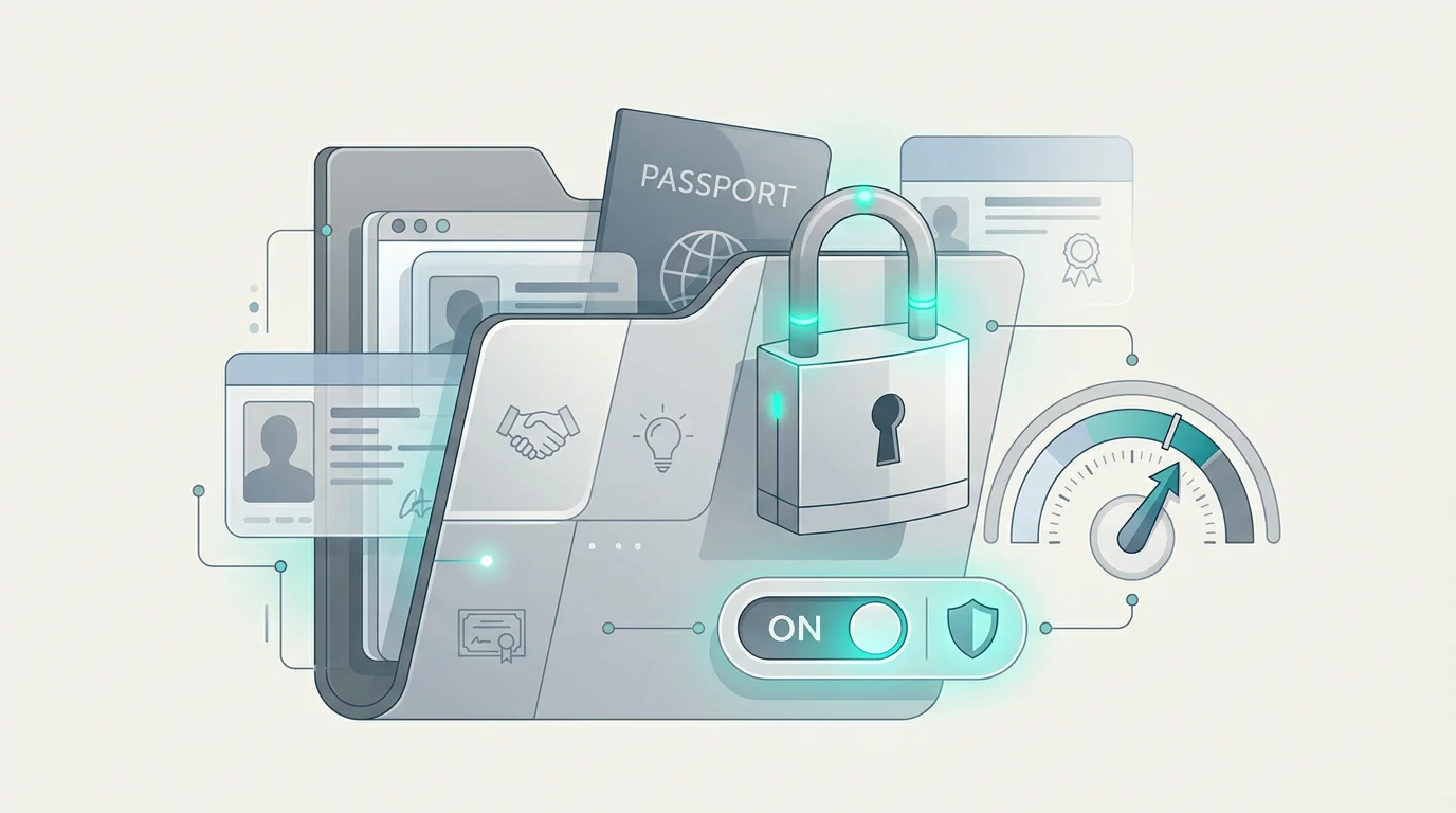 Identity documents, privacy controls and account limit symbols on a tidy desk