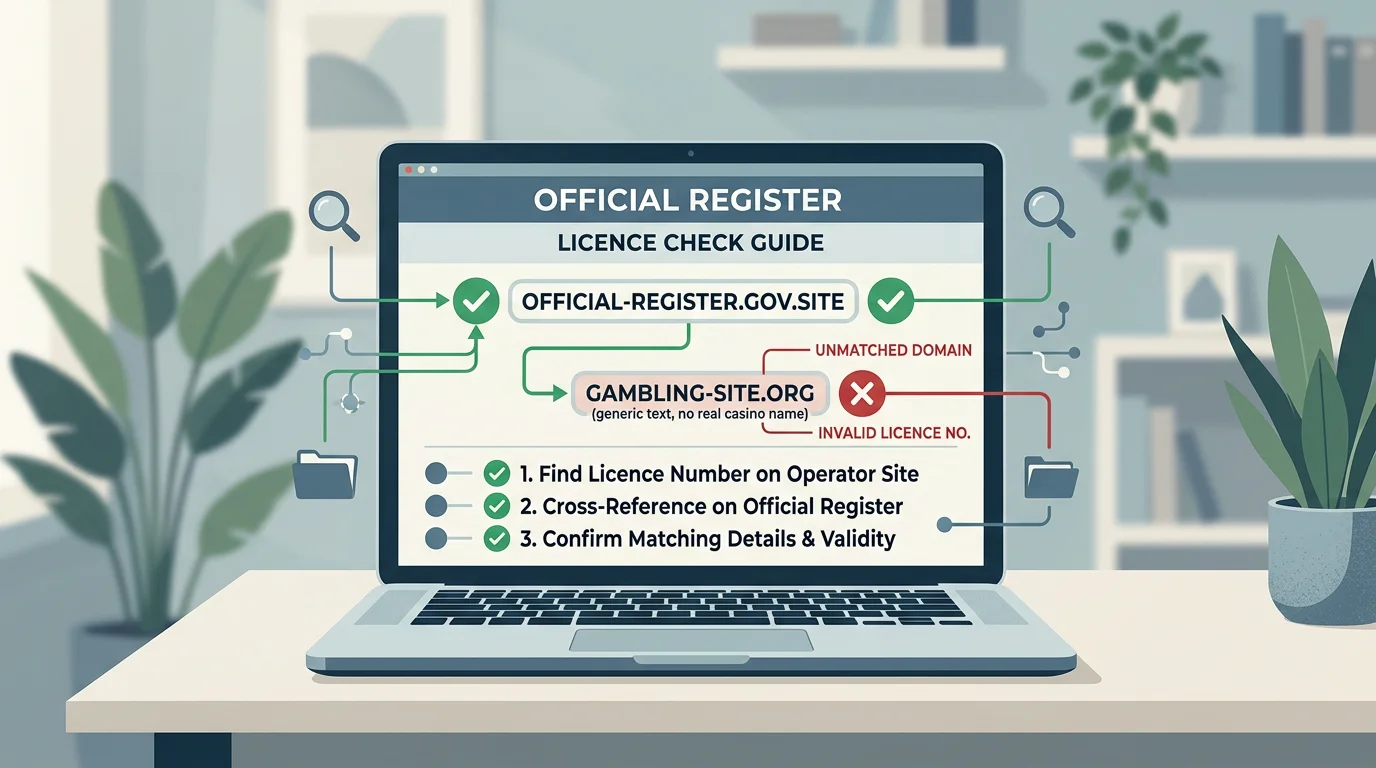 A laptop screen showing a careful checklist for official gambling licence checks